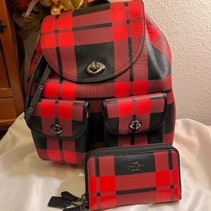 COACH Red Mount Plaid Turnlock Tie Rucksack backpack leather